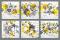 Geometric technology vector yellow drawings set, 3D technical wallpaper. Illustration of engineering system, abstract Royalty Free Stock Photo