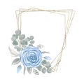 Geometric triangle gold frame with flower arrangement Blue Rose bouquet with leaves and branches isolated on a white background