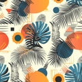 Geometric Tropical Sun Pattern. Seamless tropical pattern with geometric sun and foliage Royalty Free Stock Photo