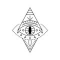 Geometric vector line art mystic eye tattoo. Boho providence sight witchcraft symbol in rhombus shape. Evil eye amulet