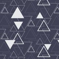 Geometric vector pattern, repeating linear triangle and bold triangle in different size on dark background. Royalty Free Stock Photo