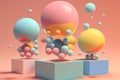 Geometric volumetric figures, flying balls in elegant pastel palette and podiums, creative