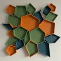 A geometric wall sculpture composed of interconnected pentagonal shapes in green, Royalty Free Stock Photo