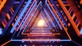 Geometric wallpaper with triangular tunnel. Abstract background with orange-blue glowing neon light triangles. 3D illustration