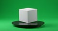 White Cube on Black Pedestal with Green Screen Background Royalty Free Stock Photo