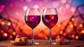 Geometric Wine Glasses Fantasy on Valentines Day Red Background with Bokeh and Copy Space