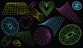 Geometric wireframe shapes and grids collection. Retro abstract neon elements