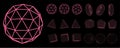 geometric wireframe shapes pink color, triangle donut circle cube pentagon and ico sphere