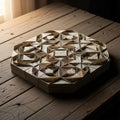Geometric wooden structure on a rustic table. Composed of interlocking triangular Royalty Free Stock Photo