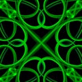 Pattern of glowing neon green curved garlic plants on black background