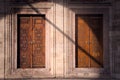 Geometrical pattern on a pair of wooden doors at the Sehzade Mosque in Istanbul, Turkey. Islamic art, woodwork, ornament detail.