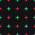 Geometrical plus sign. Light green and red pluses on black. Vector pattern.