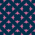 Geometrical seamless pattern with bright pink birds ornament. Navy blue dark background