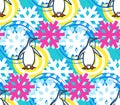 Geometrical snowflakes seamless pattern with penguin. Winter Christmas decorative background. Snow fall flakes illustration Royalty Free Stock Photo