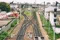 Geometrically correct fork in the railway. Intersection of several railway tracks