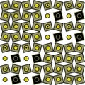 Geometrie pattern in green, black and yellow on white background with circles and squares.