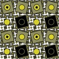 Geometrie pattern in green, black and yellow on white background with squares and circles.