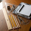 Geometry and Drafting Tools on Wooden Desk Royalty Free Stock Photo