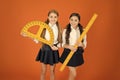 Geometry favorite subject. Education and school concept. School students learning geometry. Kids school uniform on