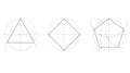Geometry lesson, technical geometric construction of a equilateral triangle, square and pentagon, two-dimensional shapes geometric Royalty Free Stock Photo