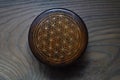 Geometry on the lid of the wooden jewelry box, sacred pattern, flower of life symbol, brass inlaid box Royalty Free Stock Photo