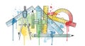 Geometry and mathematics tools artistic composition with colorful watercolor splashes Royalty Free Stock Photo