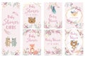 Geometry pink gold baby shower card with rose,leaf,dreamcatcher,wreath,feather,fox and bear