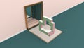 Geometry on Podium, golden border on green floor, and pink wall with Square niche The golden frame. And has a mirror can be used f