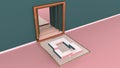 Geometry on Podium, golden border on pink floor, and green wall with Square niche The golden frame. And has a mirror can be used f