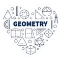 Geometry School Discipline vector concept heart-shaped outline banner. Heart with Geometric Shapes symbols illustration