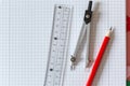 Geometry Set on open notebook. Compass Drawing Tool, ruler, pencils for mathematical education. Math Drafting Dividers Tool, Royalty Free Stock Photo