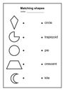 Geometry shape matching game. educational geometric shapes game. printable learning material for kids . black and white printables