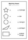 Geometry shape matching game. educational geometric shapes game. printable learning material for kids . black and white printables