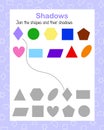 Geometry shapes colorful symbols and shadows matching game, printable worksheet, educational leisure puzzle game