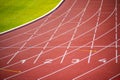 Geometry of White Lines and Numbered Lanes on the Bold Canvas of a Red Track - Track and Field Illustration Photo for Worlds in Royalty Free Stock Photo