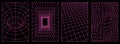 Geometry wireframe grid backgrounds in neon pink color. 3D abstract cyberpunk posters, patterns.