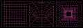 Geometry wireframe grid backgrounds in neon pink color. 3D abstract cyberpunk posters, patterns.