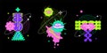 Geometry wireframe grids shapes compositions with brutalist geometric shapes and cool quotes in neon colors. Cyberpunk