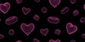 Geometry wireframe shapes and grids in neon pink color. 3D hearts seamless pattern.