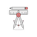 School compass icon. Divider, ruler and pencil. Geometry. Outline thin line flat illustration. Isolated on white background. Royalty Free Stock Photo