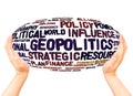 Geopolitics word cloud hand sphere hand sphere concept