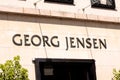 Georg Jensen logotypesign panel on store. Famous Danish luxury jewellery and silverware brand represented world wide.