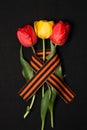 George ribbon, red and yellow tulips