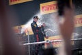 Barcelona, Spain - May 22nd, 2022: Champagne Spray Marks Podium Celebration for Russell, Verstappen, and Perez at the Spanish