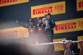 Barcelona, Spain - May 22nd, 2022: Podium Triumph of Russell, Verstappen, and Perez Framed by a Hazy Veil of Enthusiastic Fans at