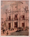 1945 George Smirnoff Pencil Watercolour Drawing Portuguese Macao St. Dominic`s Church Vintage Treasure Macau Antique