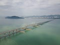 Aerial view Penang Bridge with island at background.