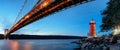 George Washington Bridge and Red Little Lighthouse officially Jeffrey`s Hook Light, New York, USA Royalty Free Stock Photo