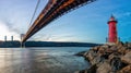 George Washington Bridge and Red Little Lighthouse officially Jeffrey\'s Hook Light, New York, USA Royalty Free Stock Photo