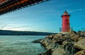 George Washington Bridge and Red Little Lighthouse officially Jeffrey\'s Hook Light, New York, USA Royalty Free Stock Photo